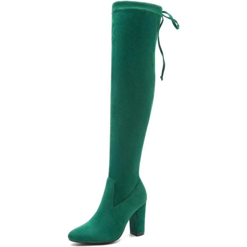 Women Green Suede Leather Pointed Toe Zipper Over The Knee Thigh High Long Boots